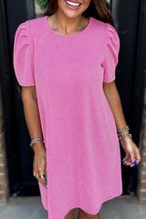 Bright Pink Corded Knit Crew Neck Puff Sleeve Shift Mini Dress Bright Pink 75%Polyester+20%Viscose+5%Elastane T Shirt Dresses JT's Designer Fashion