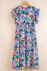 Blue Geometric Print Ruffled Short Sleeve Plus Size Tiered Maxi Dress Plus Size Maxi Dresses JT's Designer Fashion