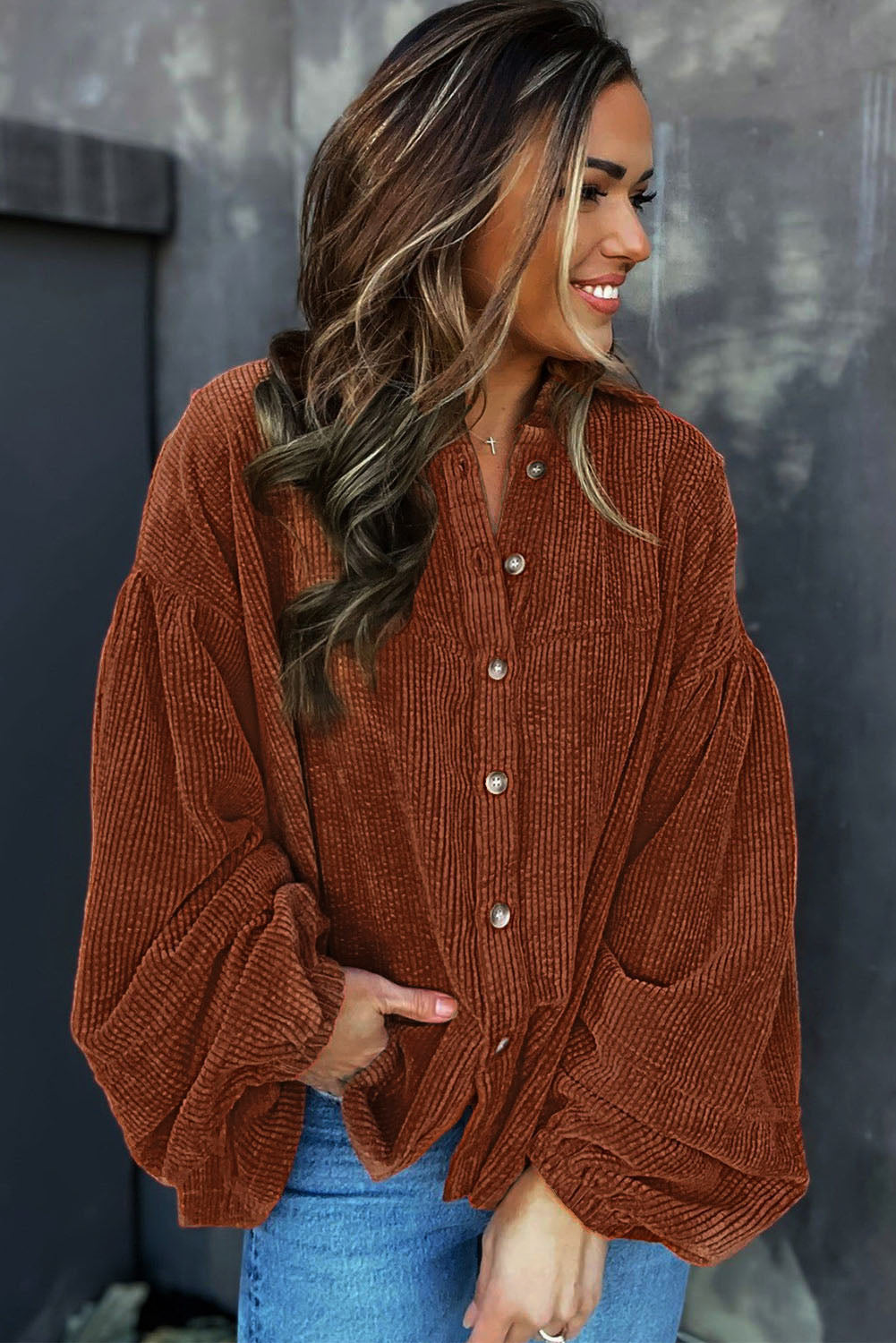 Coffee Textured Corduroy Puff Sleeve Shacket Jackets JT's Designer Fashion