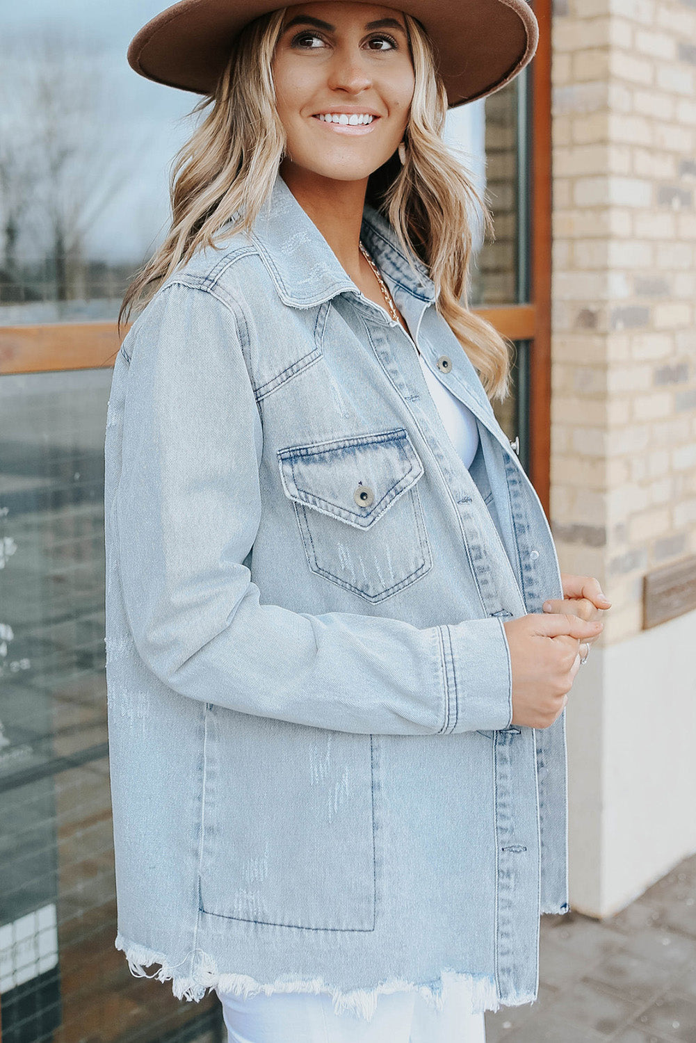 Sky Blue Flap Pocket Buttoned Raw Hem Denim Jacket Denim Jackets JT's Designer Fashion