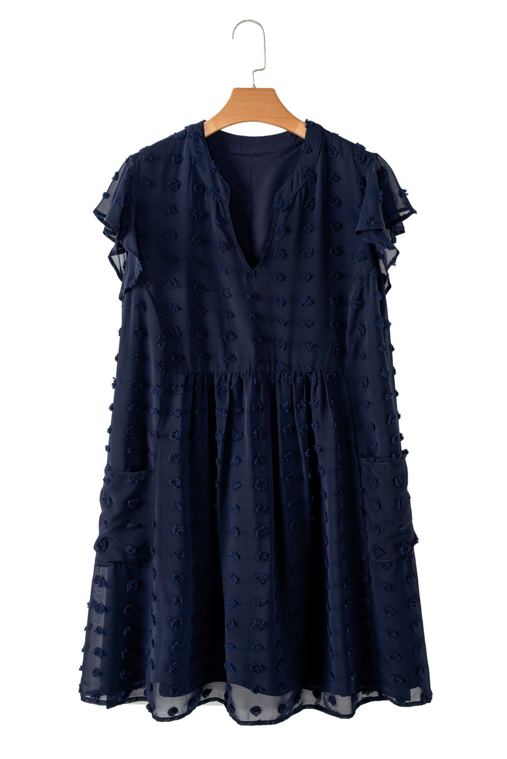Navy Blue Dotty Textured Notched Neck Plus Ruffled Dress Plus Size Mini Dresses JT's Designer Fashion