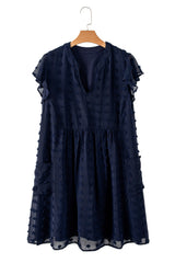 Navy Blue Dotty Textured Notched Neck Plus Ruffled Dress Plus Size Mini Dresses JT's Designer Fashion