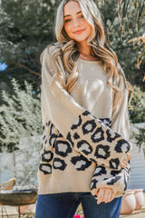 Khaki Leopard Patchwork Knitted Puff Sleeve Sweater Sweaters & Cardigans JT's Designer Fashion