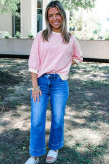Pink Striped 3/4 Sleeve Drop Shoulder Top Long Sleeve Tops JT's Designer Fashion