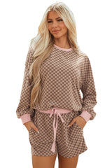 Brown Checkerboard Long Sleeve Pullover and Shorts Set Short Sets JT's Designer Fashion
