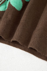Coffee Big Flower Pattern V Neck Drop Shoulder Sweater Sweaters JT's Designer Fashion