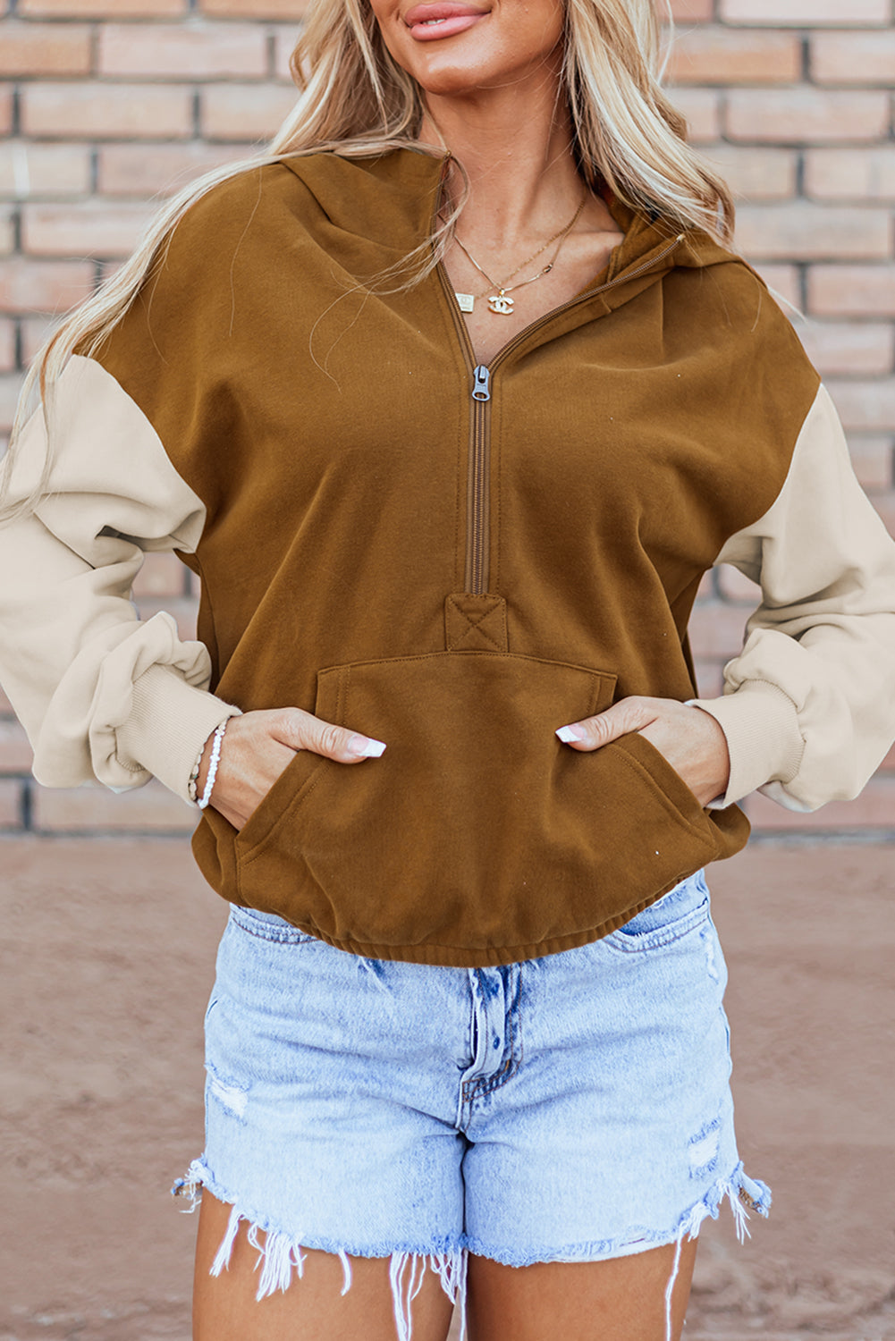 Chestnut Color Block Half Zip Kangaroo Pocketed Hoodie Sweatshirts & Hoodies JT's Designer Fashion