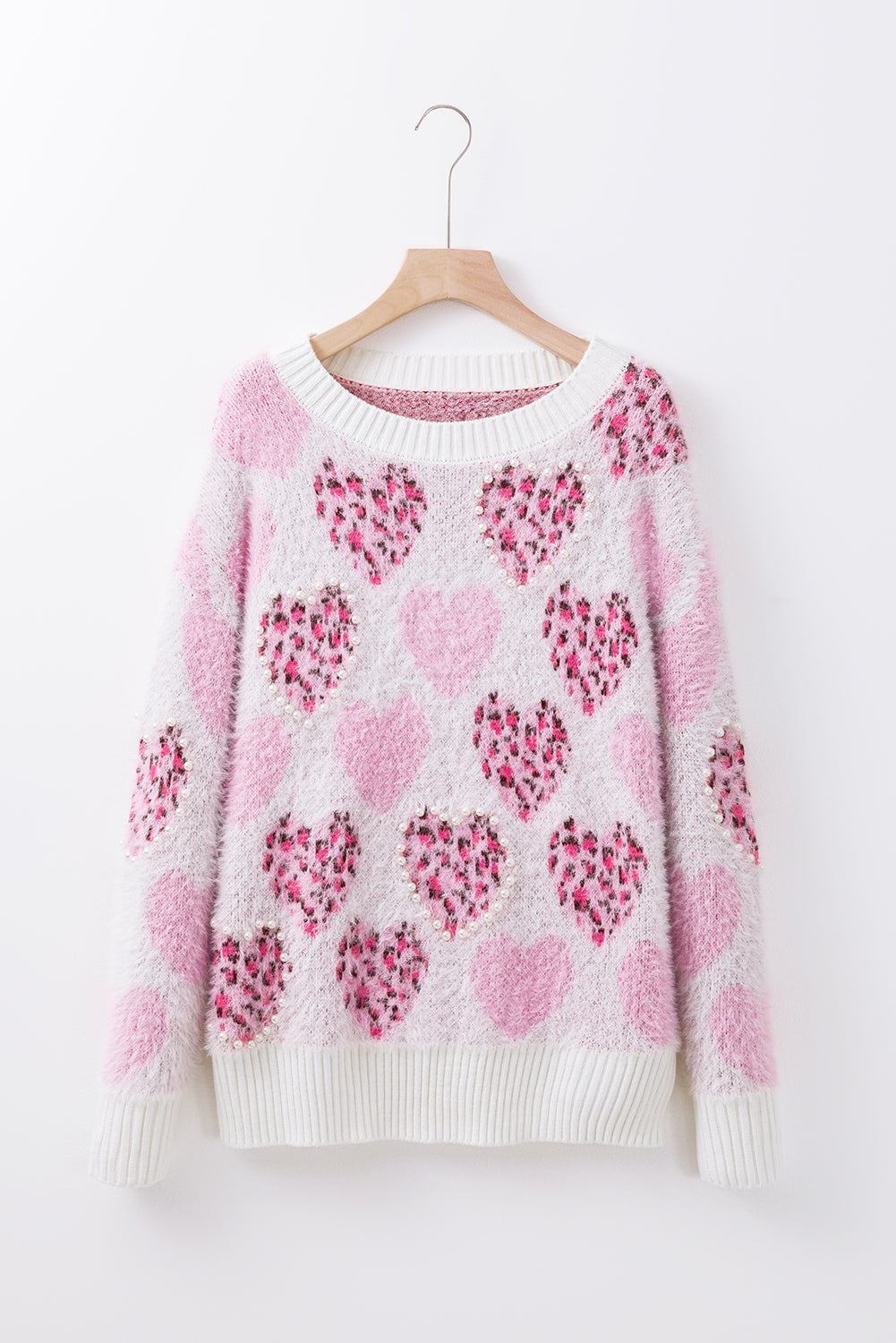 Pink Heart Leopard Print Pearled Ribbed Trim Fuzzy Sweater Sweaters JT's Designer Fashion