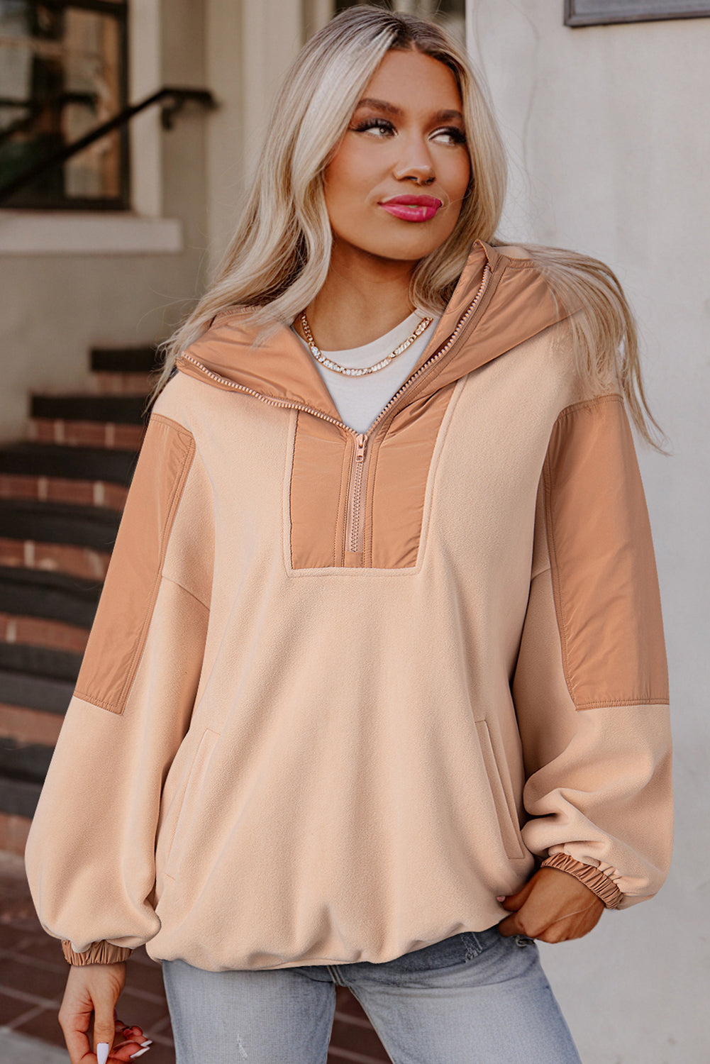 Light French Beige Colorblock Patchwork Half Zip Oversized Sherpa Hoodie Sweatshirts & Hoodies JT's Designer Fashion