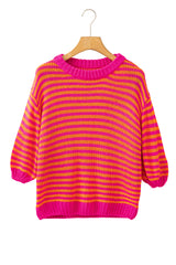 Rose Stripe 3/4 Puff Sleeve Drop Shoulder Sweater Sweaters JT's Designer Fashion