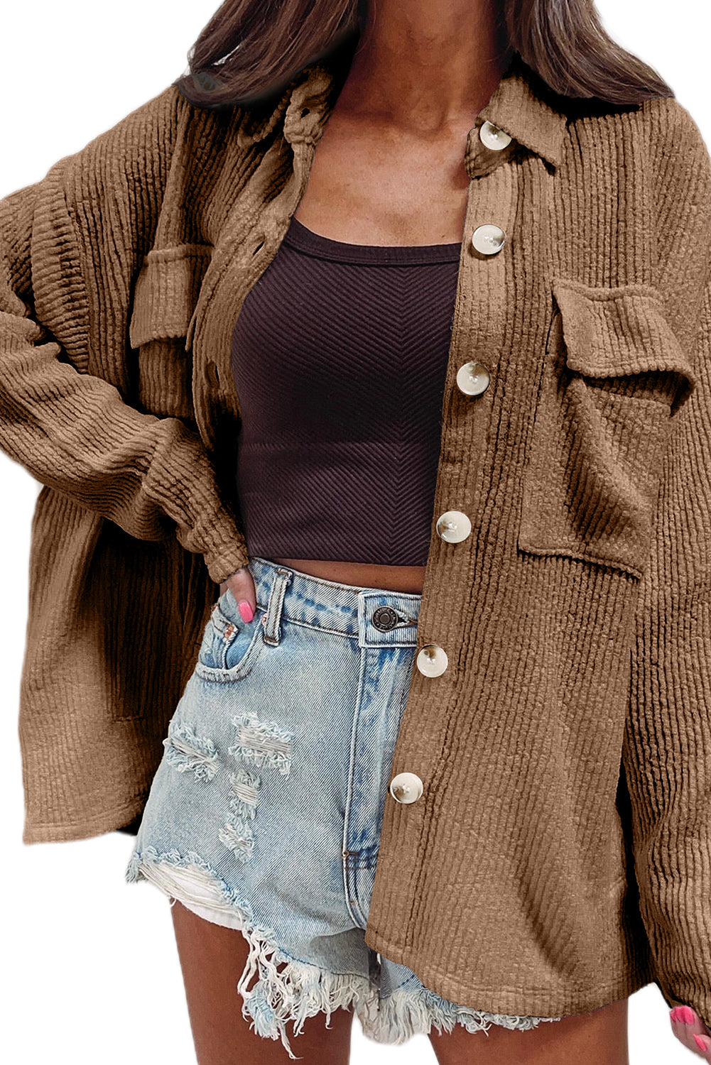Dark Khaki Solid Color Corduroy Buttoned Long Sleeve Shacket Jackets JT's Designer Fashion