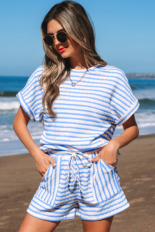 Sky Blue Stripe Knitted Short Sleeve Top and Drawstring Shorts Set Sky Blue Stripe 85%Polyester+10%Viscose+5%Elastane Short Sets JT's Designer Fashion