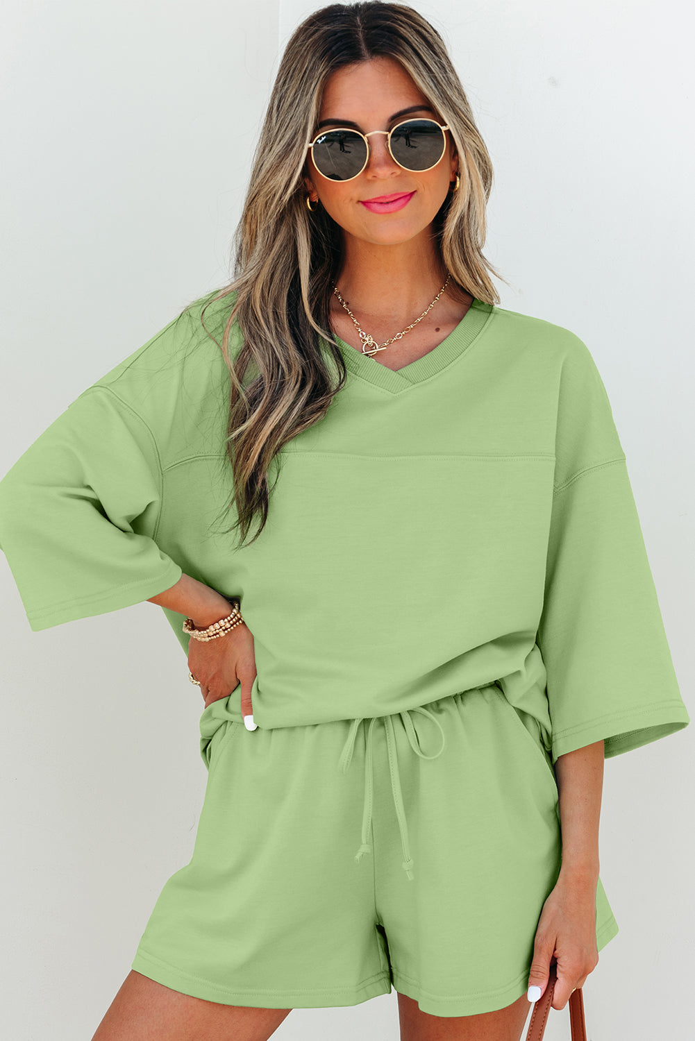 Meadow Mist Green Solid Loose V Neck Half Sleeve Tee and Shorts Meadow Mist Green 75%Polyester+20%Cotton+5%Elastane Short Sets JT's Designer Fashion