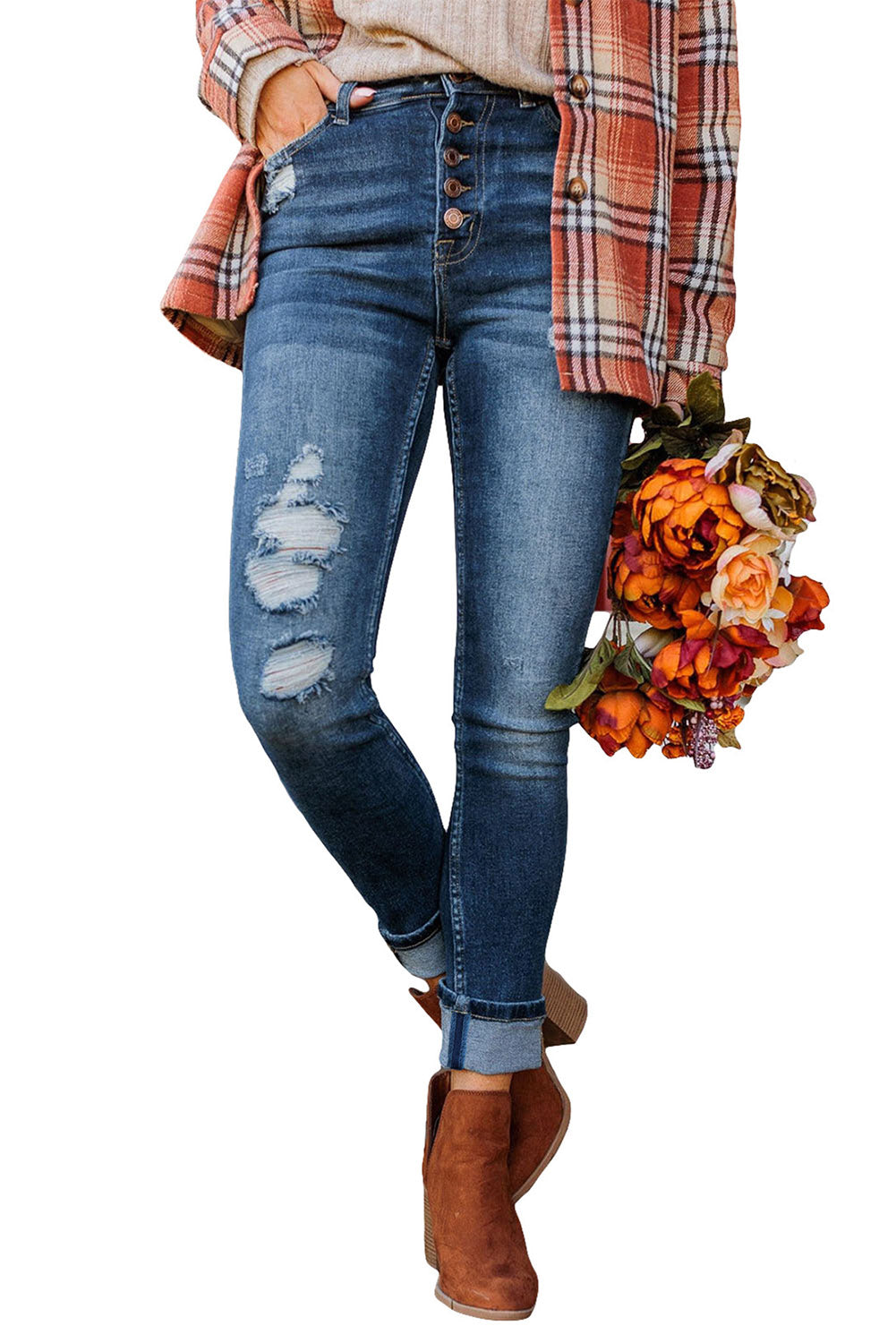 Blue Distressed Button Fly High Waist Skinny Jeans Jeans JT's Designer Fashion