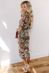 Brown Floral Allover Print Mock Neck Bodycon Long Sleeve Midi Dress Floral Dresses JT's Designer Fashion