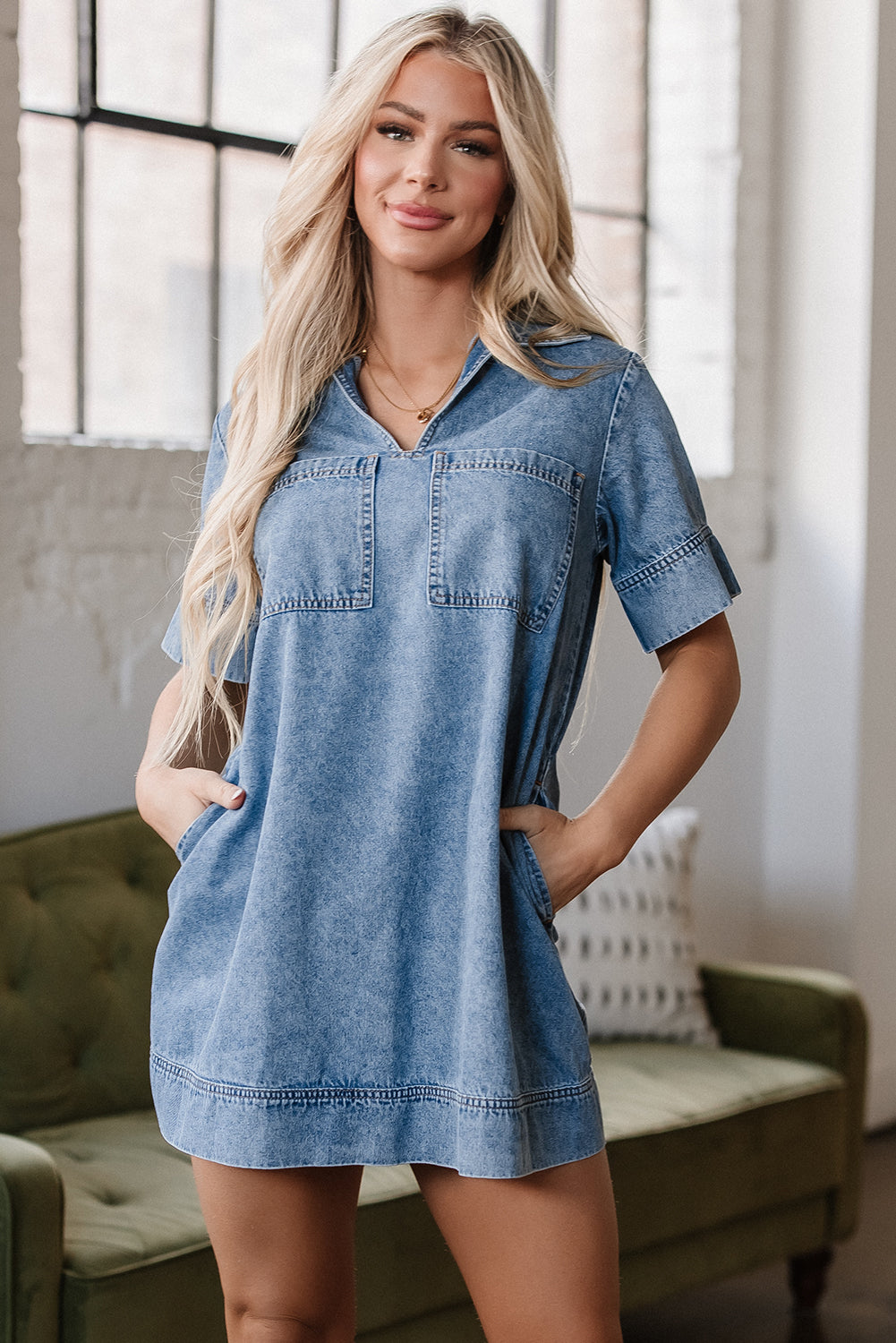 Beau Blue Short Sleeve Collared Patched Pocket Denim Mini Dress Mini Dresses JT's Designer Fashion