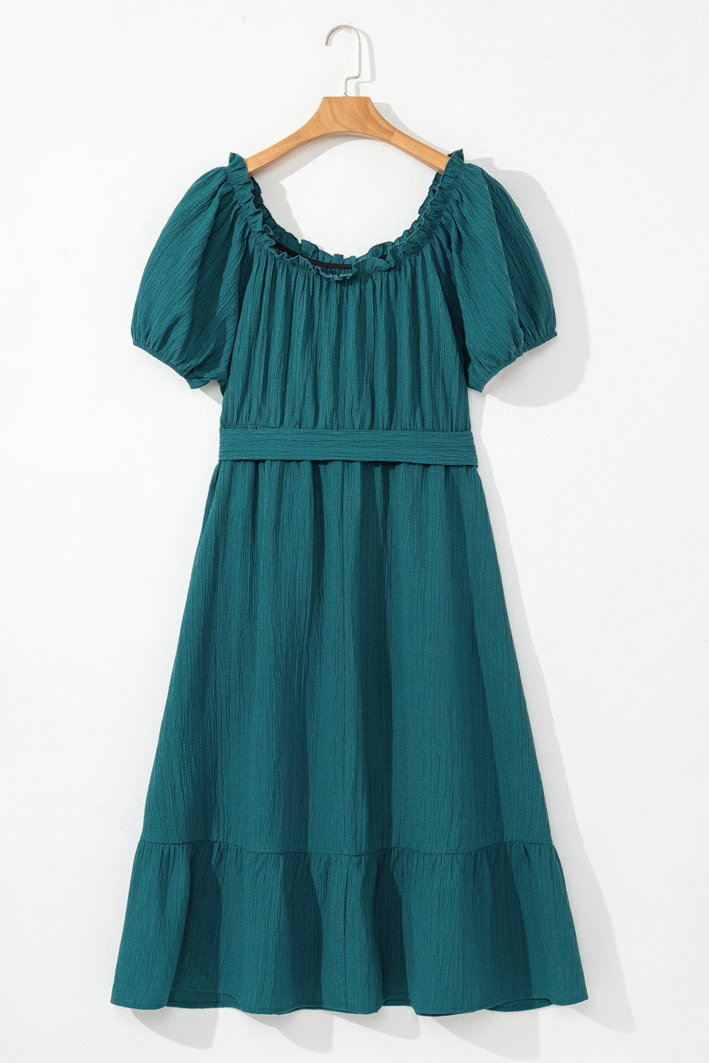 Skobeloff Frilled U Neck Puff Sleeve Belted Ruffle Hem Plus Size Midi Dress Plus Size Mini Dresses JT's Designer Fashion