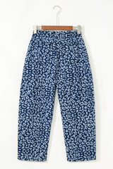 Blue Leopard Printed Drawstring Elastic Waistband Pocketed Wide Leg Jeans Jeans JT's Designer Fashion