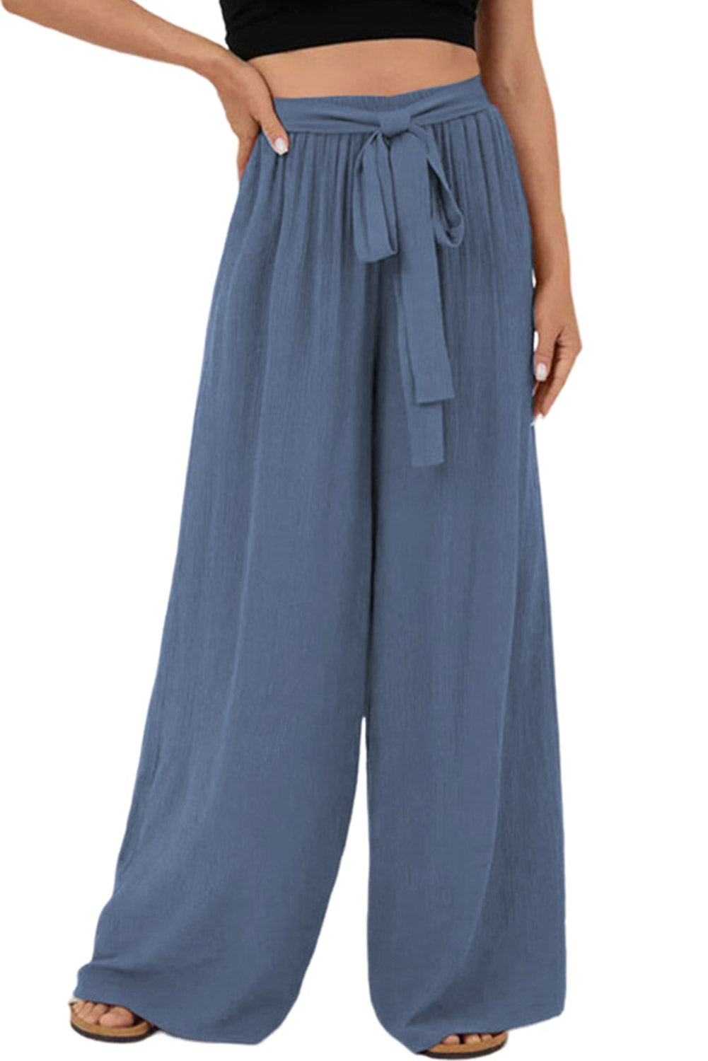 Sail Blue High Waisted Tie Front Side Pocket Wide Leg Flowy Casual Pants Pants & Culotte JT's Designer Fashion
