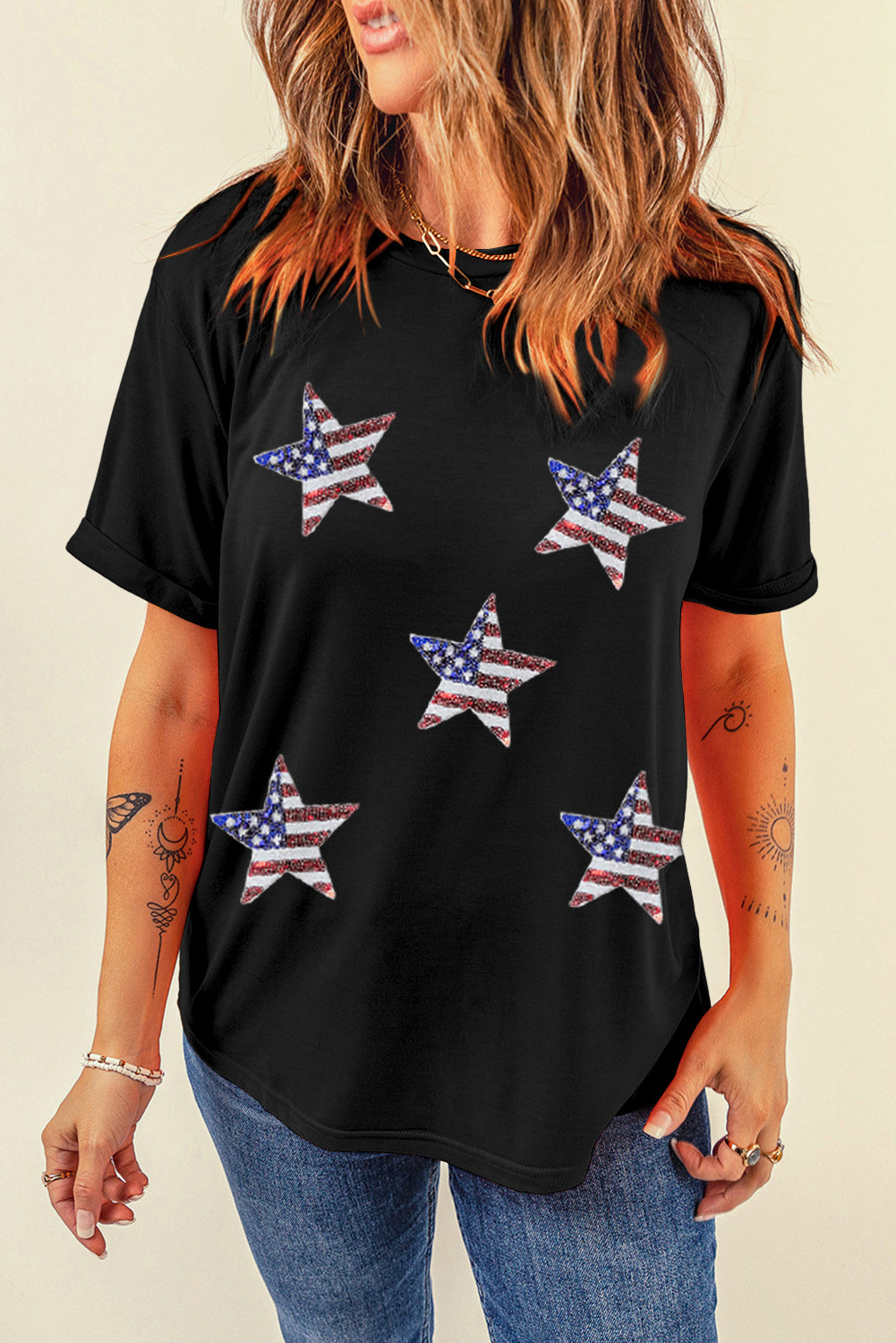 Black Sequined American Flag Star Graphic T Shirt Graphic Tees JT's Designer Fashion