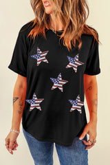 Black Sequined American Flag Star Graphic T Shirt Graphic Tees JT's Designer Fashion