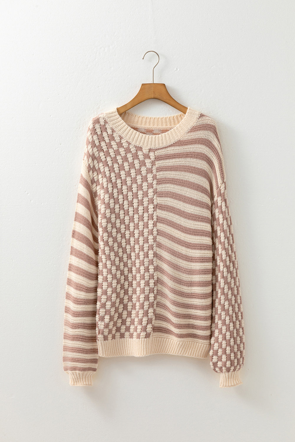 Khaki Stripe Checkerboard Drop Shoulder Balloon Sleeve Sweater Sweaters JT's Designer Fashion