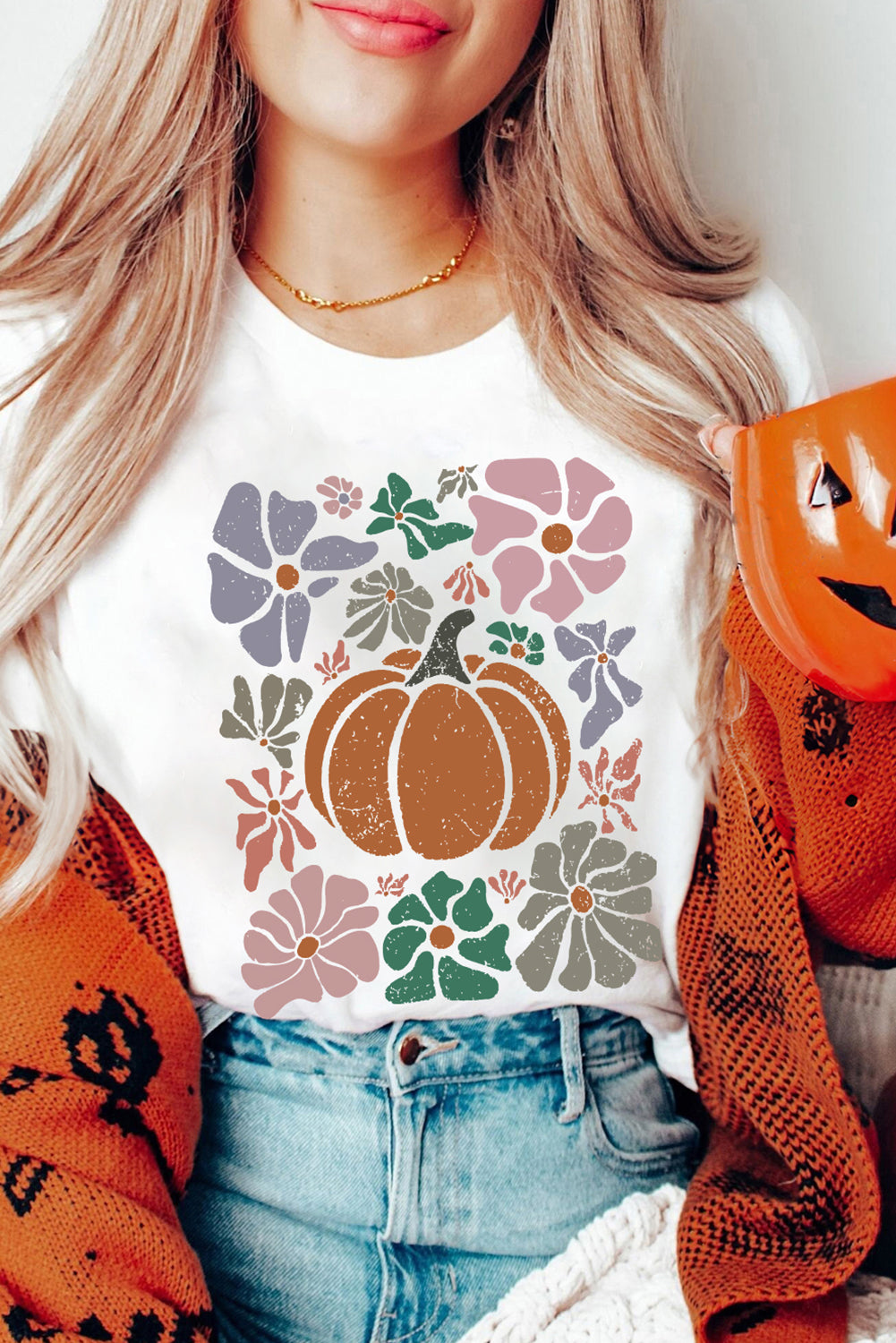 White Flower Pumpkin Distressed Graphic T Shirt Graphic Tees JT's Designer Fashion