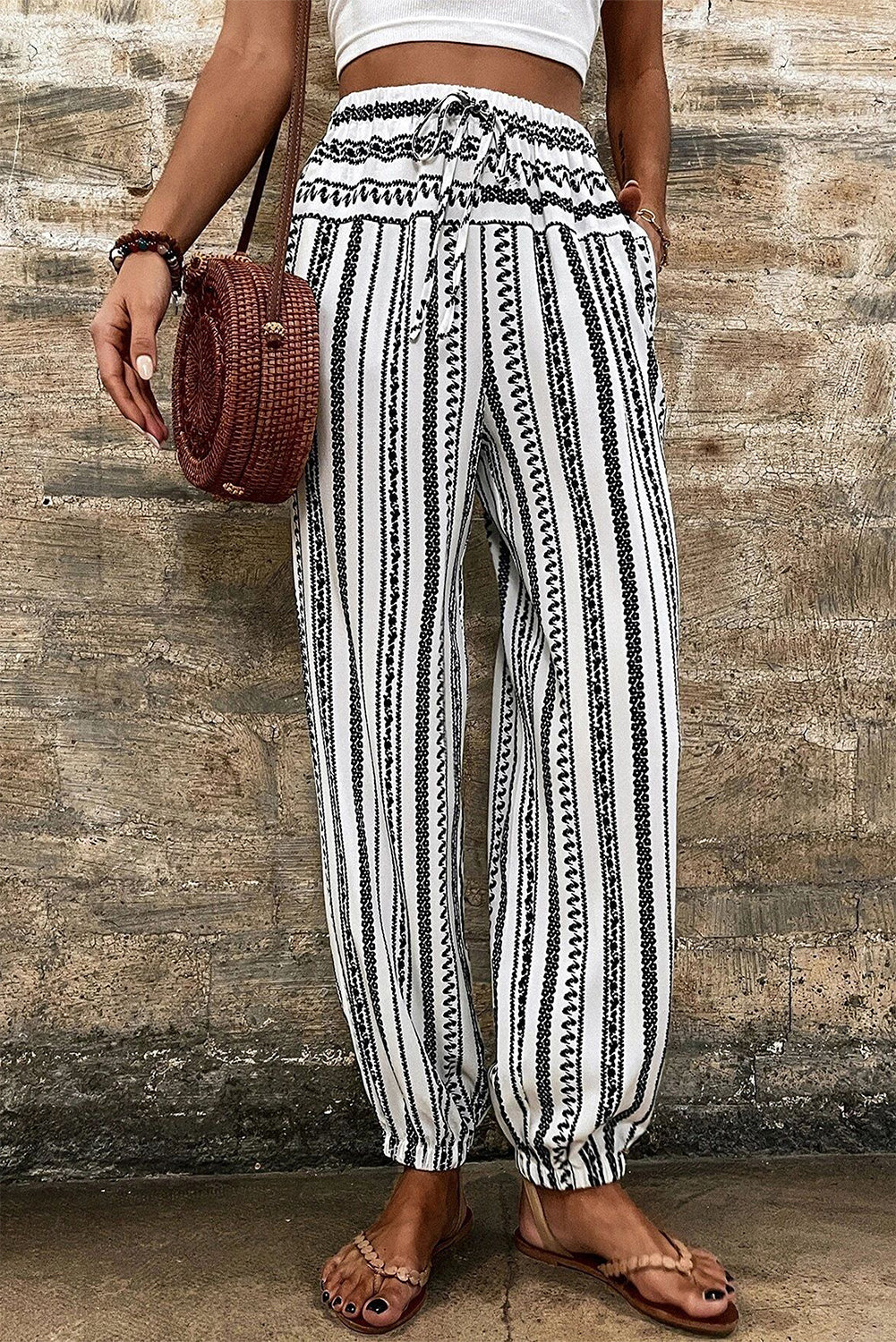 Black Stripe Boho Striped Print Casual Pants Pants & Culotte JT's Designer Fashion