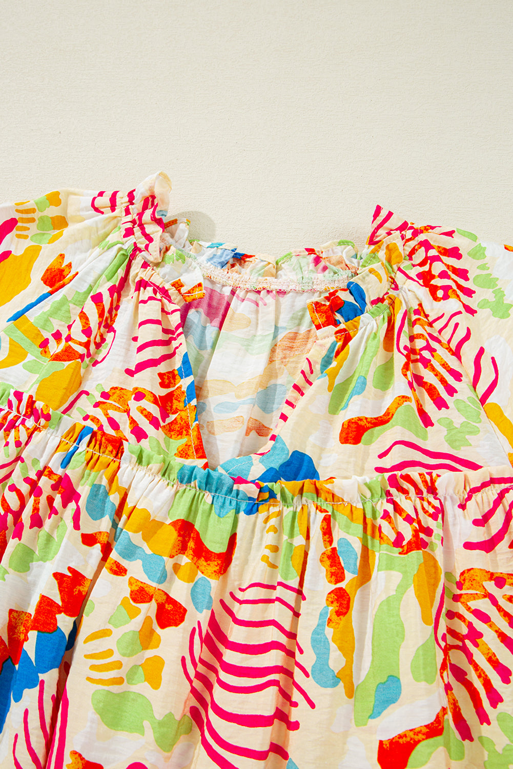 Orange Abstract Printed Shirred Bubble Half Sleeve V Neck Blouse Blouses & Shirts JT's Designer Fashion
