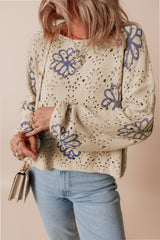 Beige Contrast Flower Print Eyelet Drop Shoulder Sweater Sweaters JT's Designer Fashion