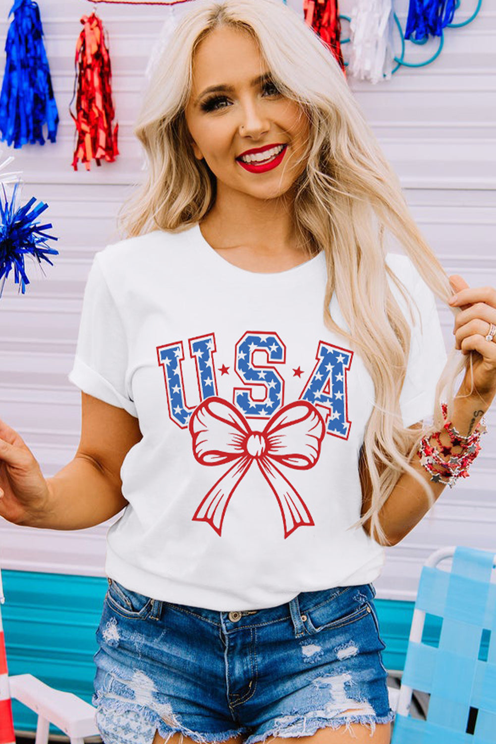 White USA Bow Letter Graphic Short Sleeve Top Graphic Tees JT's Designer Fashion