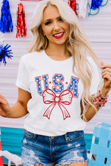 White USA Bow Letter Graphic Short Sleeve Top Graphic Tees JT's Designer Fashion