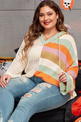 Beige Pointelle Knit Colorblock Patchwork V Neck Hooded Plus Sweater Plus Size Sweaters & Cardigans JT's Designer Fashion
