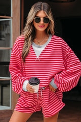 Red Stripe Drop Shoulder Baggy Pullover and Shorts Casual Set Red Stripe 94%Polyester+6%Elastane Short Sets JT's Designer Fashion