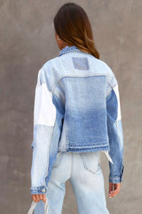 Sky Blue Color Block Denim Patchwork Frayed Hem Jacket Denim Jackets JT's Designer Fashion