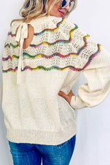White Wavy Striped Pointelle Bishop Sleeve Sweater Sweaters & Cardigans JT's Designer Fashion