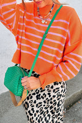 Orange Stripe Ribbed High Neck Drop Shoulder Boxy Fit Sweater Orange Stripe 55%Acrylic+45%Cotton Sweaters JT's Designer Fashion