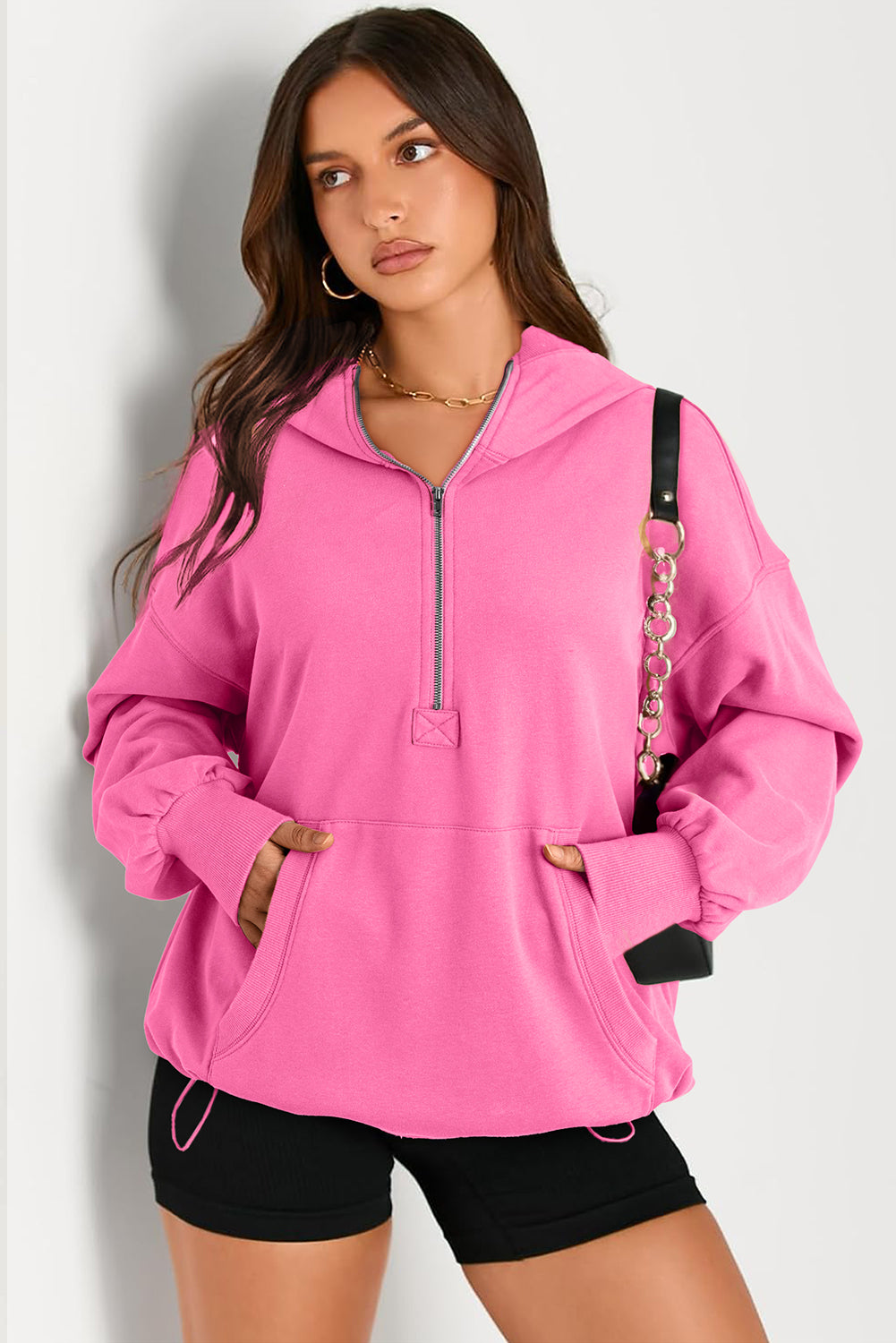 Bonbon Solid Kangaroo Pocket Half Zipper Oversized Hoodie Sweatshirts & Hoodies JT's Designer Fashion