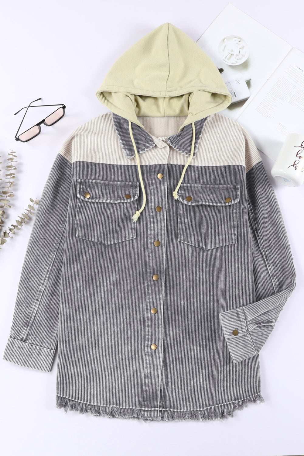 Gray Color Block Button Down Hooded Corduroy Jacket Jackets JT's Designer Fashion
