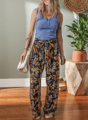 Multicolour Floral Shirred High Waist Wide Leg Pants with Tie Pants & Culotte JT's Designer Fashion