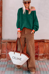 Blackish Green Colorblock Striped Trim Drop Shoulder Sweater Sweaters JT's Designer Fashion