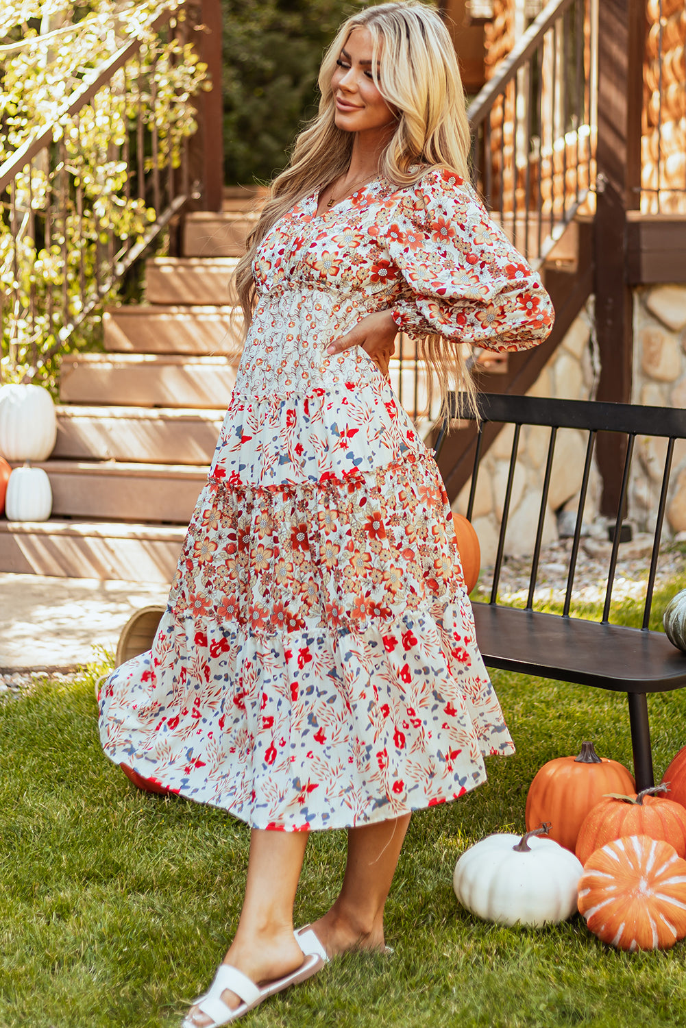 Khaki Floral Print Ruffled Tiered Long Sleeve V Neck Midi Dress Floral Dresses JT's Designer Fashion