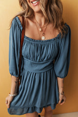 Real Teal Frilled Neckline 3/4 Sleeve Layered Ruched Mini Dress Mini Dresses JT's Designer Fashion