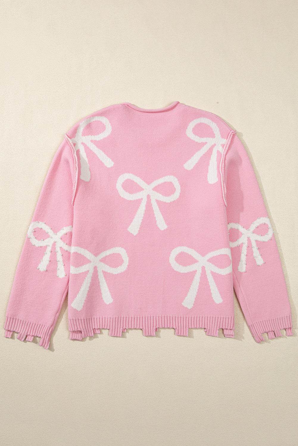 Pink Pearl Beaded Bowknot Pattern Distressed Split Hem Sweater Sweaters JT's Designer Fashion