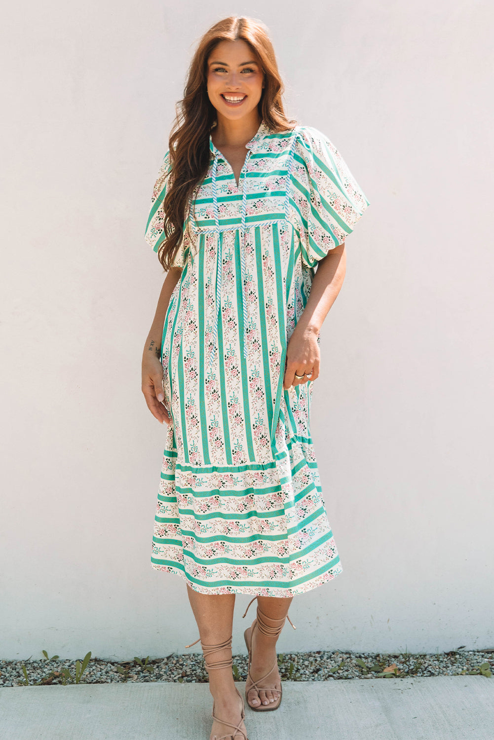 Multicolour Striped Floral Print Tie Split Neck Puff Sleeve Midi Dress Floral Dresses JT's Designer Fashion