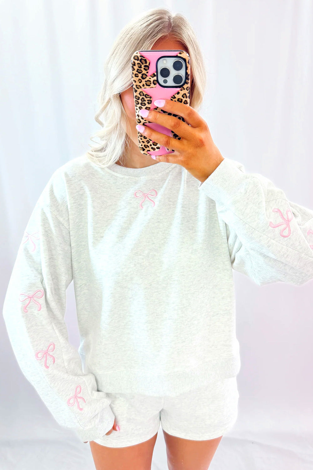 Light Grey Girly Bow Embroidered Detail Puff Sleeve Pullover 2pcs Short Set Short Sets JT's Designer Fashion
