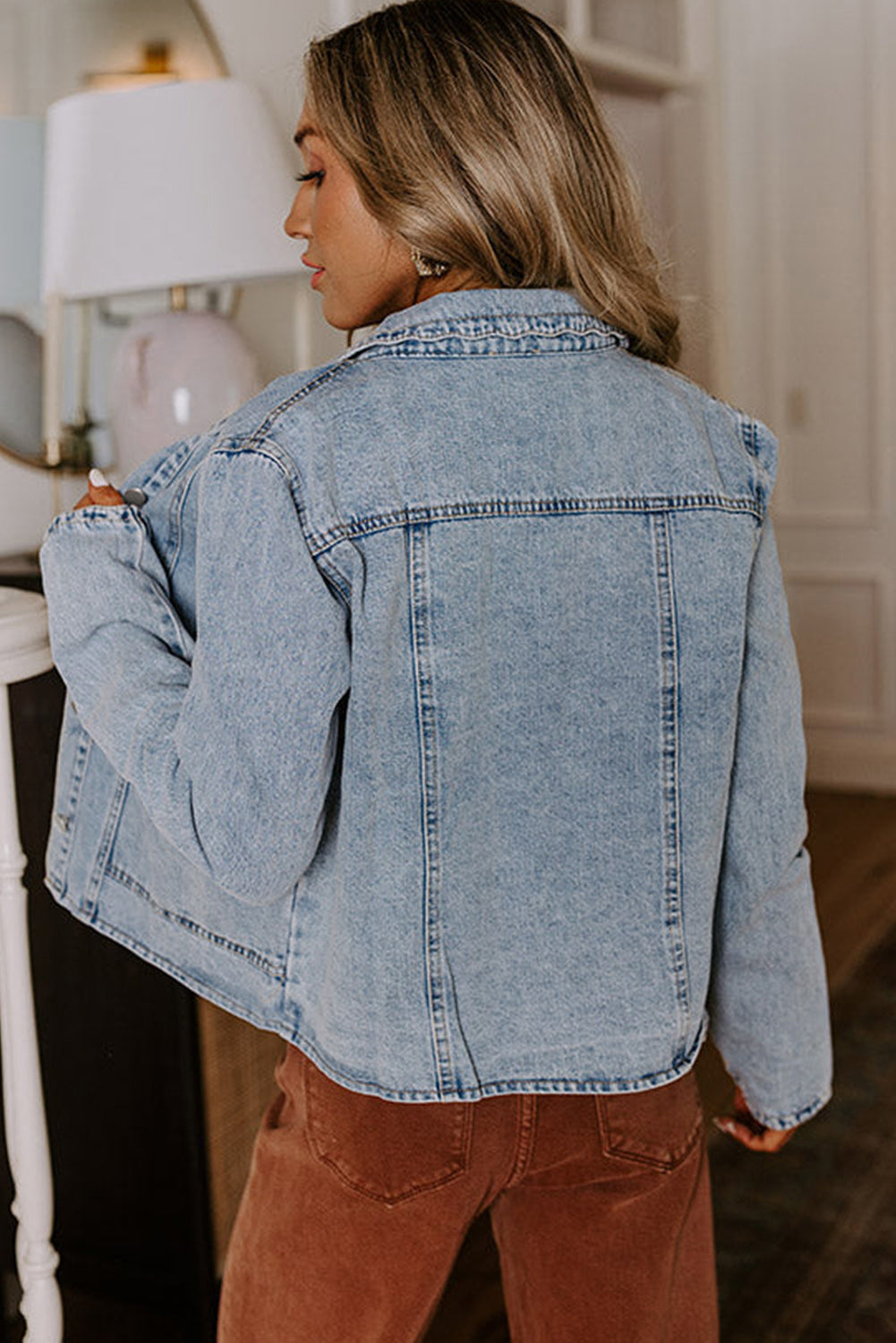 Myosotis Scallop Trim Collar Patched Pocket Button Up Denim Jacket Denim Jackets JT's Designer Fashion