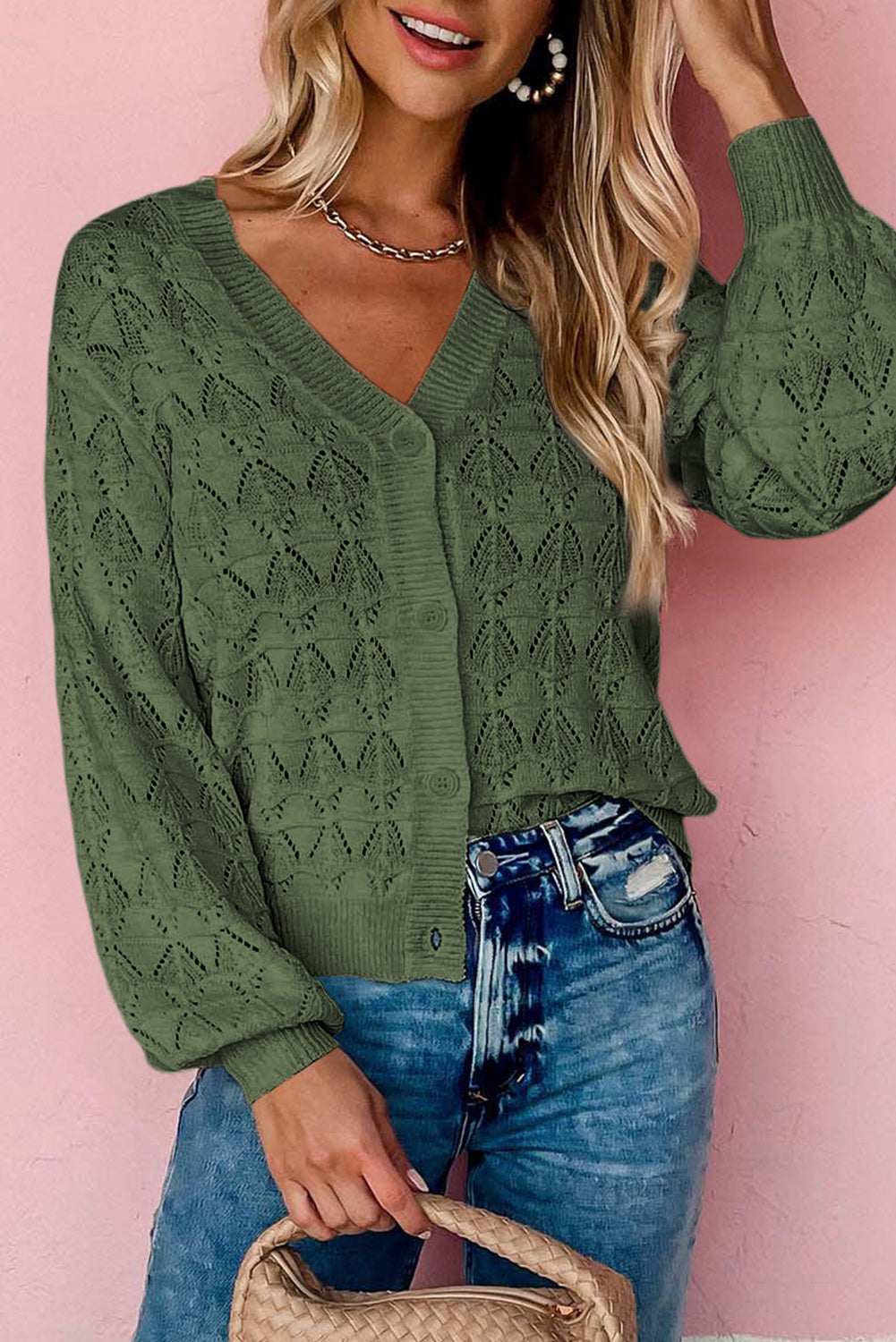 Green Lightweight Buttoned Front Crochet Cardigan Green 100%Polyester Cardigans JT's Designer Fashion