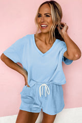 Myosotis V Neck Drop Shoulder Tee and Patchwork Drawstring Elastic Waistband Shorts Set Short Sets JT's Designer Fashion