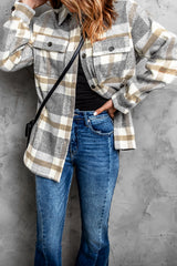 Brown Plaid Print Pocket Women Shacket Plaid Shackets JT's Designer Fashion